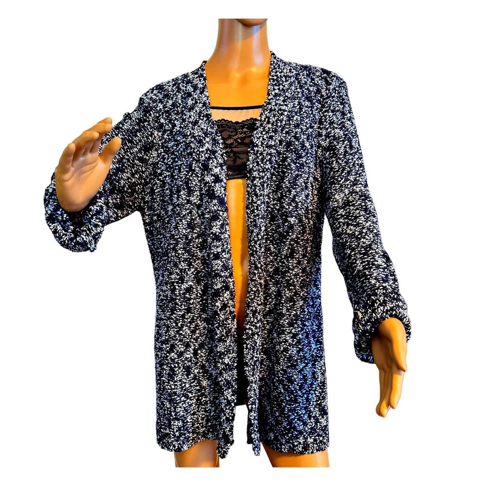 NWT Chico’s Navy and White Open Front Chunky Knit Cardigan Size 2=LG